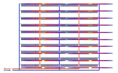 Kollektor csőhálózat séma — moduláris összekötés kék és narancssárga vezetékekkel